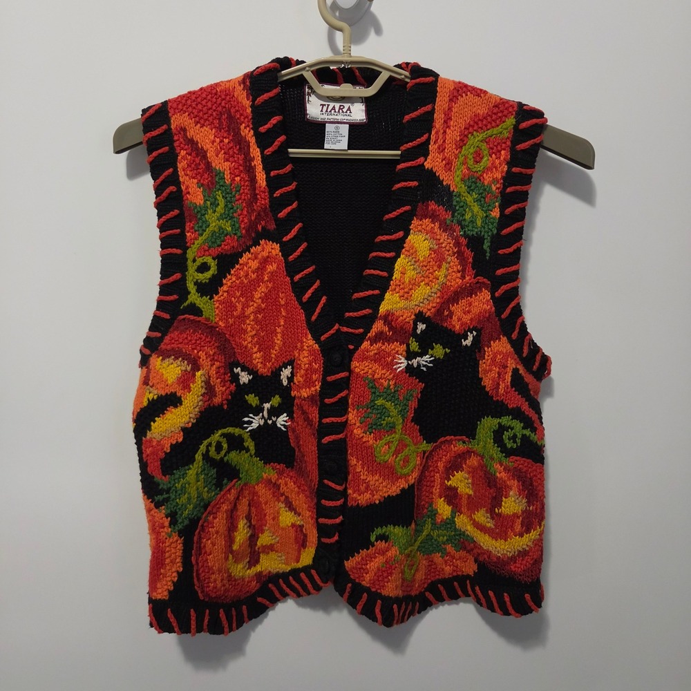 Vintage Tiara International Halloween Knit Vest Small Black Cat Pumpkin 90s